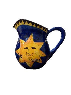Hausenware Celestial Sun Moon Pitcher Blue Ceramic Soleil Etoile 8 Inch